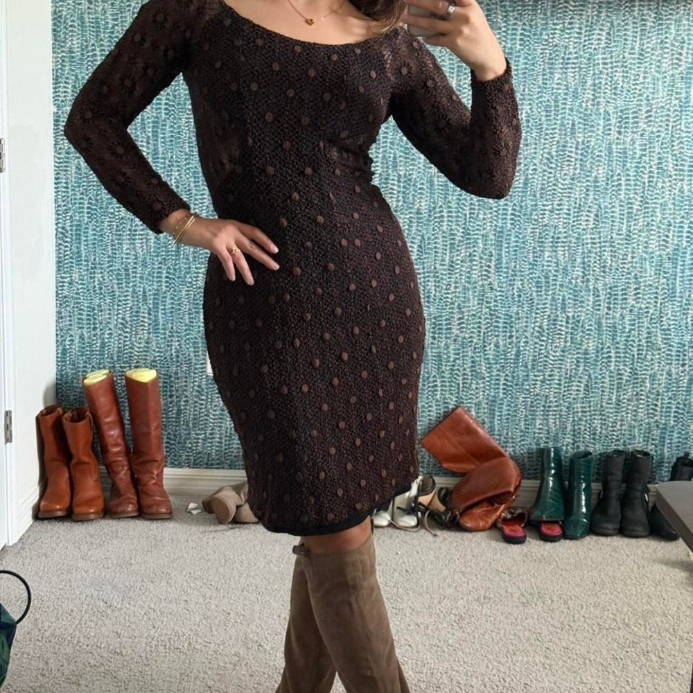 Y2K Georgette brown lace long sleeve midi dress